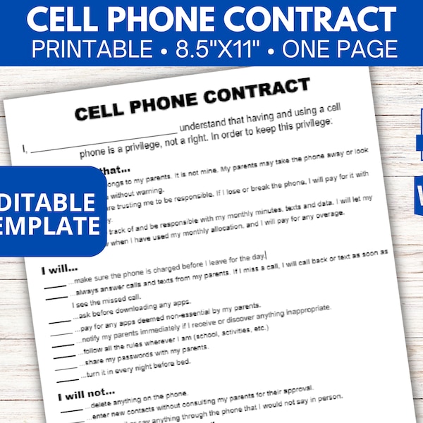 Editable teen/kids phone contract, Cell phone contract template, Cell phone agreement, First phone contract, Smart Phone rules editable DOC