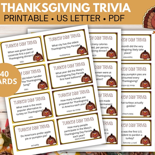 Thanksgiving Trivia Cards printable, Thanksgiving Game for family, Thanksgiving trivia questions, Fall trivia, Turkey Trivia game, Printable