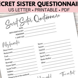 Secret Sister Questionnaire Printable, Church Secret Sister Form ...