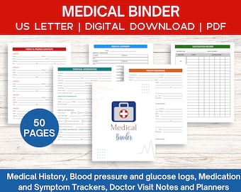 Raccoglitore medico, PDF stampabile o compilabile del pianificatore medico, Tracker del diario medico, Modulo di anamnesi medica, Registro della pressione sanguigna, Registro del caregiver