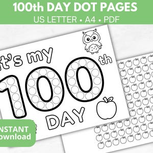 100th day of school dot marker coloring pages, 100 days of school worksheet, Printable Preschool activity, PreK classroom page, Daycare math