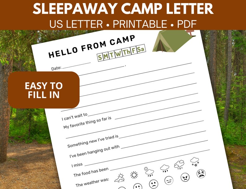 May include: A printable letter template for kids at sleepaway camp. The template includes a section for the date, a calendar with days of the week, and prompts for kids to fill in details about their camp experience. The template also includes a section for kids to rate their experience with emojis.