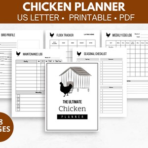 May include: Printable chicken planner with 18 pages. The planner includes sections for bird profile, flock tracker, laying hens, weekly egg log, maintenance log, and seasonal checklist. The cover features a black and white illustration of a chicken in front of a coop.
