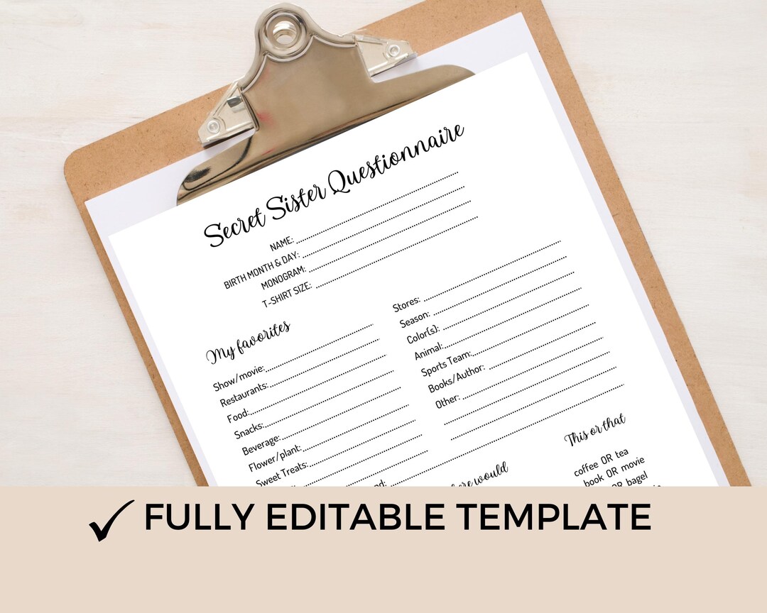 Editable Secret Sister Questionnaire Template, Church Secret Sister ...