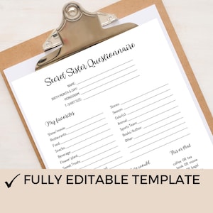 Puede incluir: Un portapapeles con una plantilla de cuestionario Secret Sister en blanco. El cuestionario incluye secciones para detalles personales, favoritos y una sección 'Esto o aquello'. El texto 'PLANTILLA TOTALMENTE EDITABLE' está en la parte inferior.