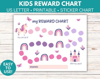 Tableau de récompense pour enfants Licorne, tableau de comportement des tout-petits, tableau d'autocollants arc-en-ciel de licorne, tableau de récompense rose, tableau de récompense fille, PDF imprimable