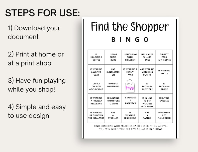 Printable Shopping Bingo Game Cards, Shopping Game, Find the Shopper ...