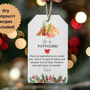Könnte beinhalten: Ein weißes Etikett mit einer Aquarell-Illustration von Zimtstangen, Orangen und Beeren. Das Etikett lautet "Stove Top Potpourri" und enthält Anweisungen zum Herstellen eines Topf-Pourris für den Herd. Das Etikett hängt an einer Schnur an einem grünen Weihnachtsbaum.
