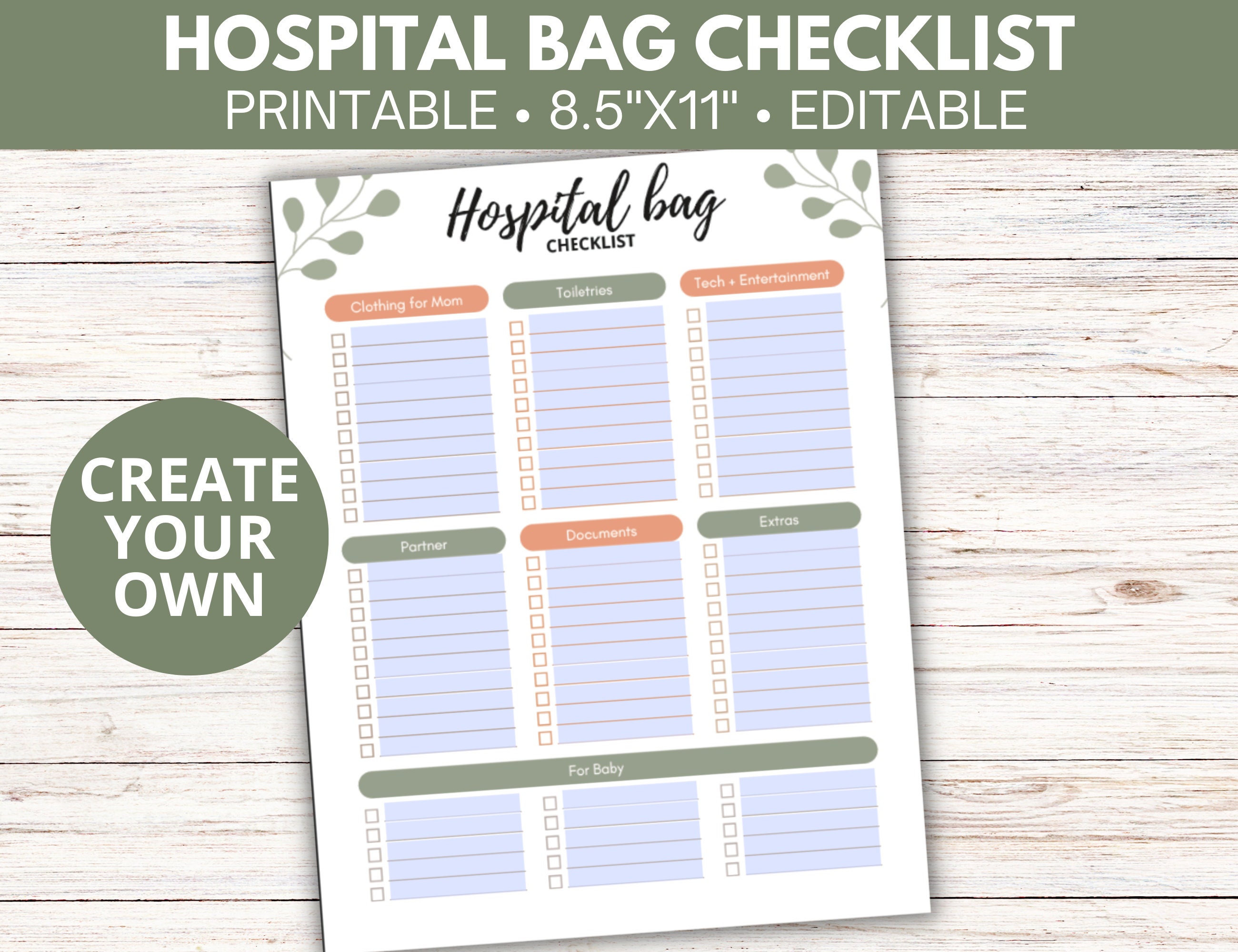 Hospital Bag Packing List Printable, Editable Neutral New Baby ...