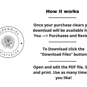 May include: Black and white illustration of a flower in a circle with the text "PERENNIAL PRINTABLES". Text below the image explains how to download a digital file after purchase.