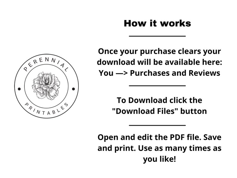 May include: Black and white illustration of a flower in a circle with the text "PERENNIAL PRINTABLES". Text below the image explains how to download a digital file after purchase.