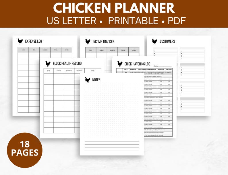 May include: Printable chicken planner with 18 pages, including expense log, flock health record, income tracker, chick hatching log, and customer list. The planner is designed for US Letter size paper.