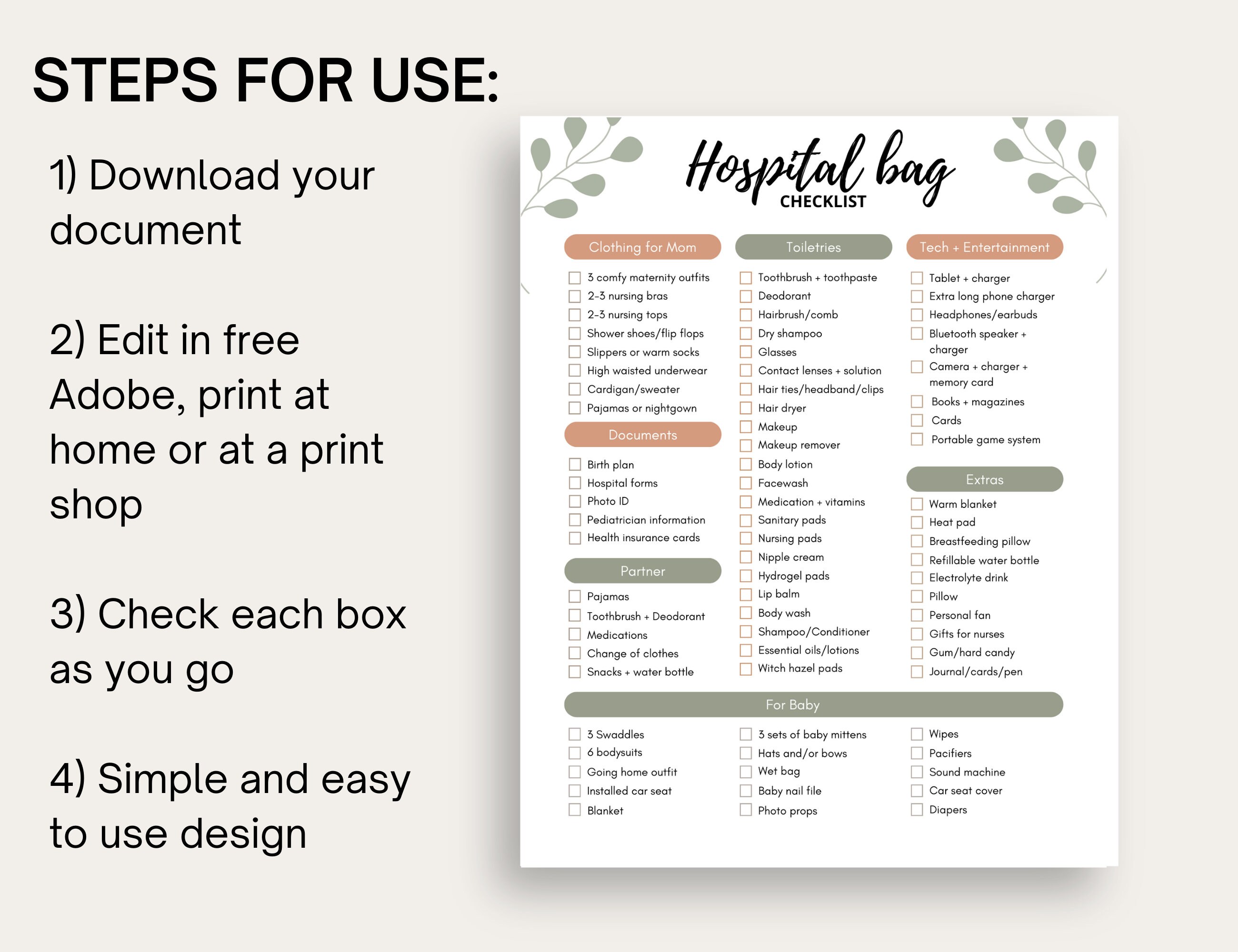 Hospital Bag Packing List Printable, Editable Neutral New Baby Checklist, Labor and Delivery ...