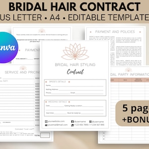 Bridal Hair Contract template, Bridal party hair service contract, Wedding hair service contract, Freelance service agreement, Hair Stylist