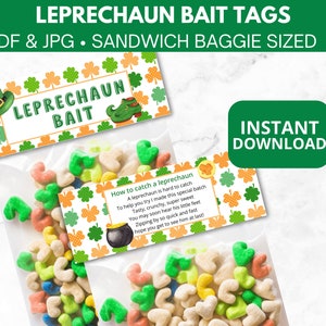 Leprechaun bait tag for treat bags, Bait bag topper for leprechaun trap, St Patrick&#39;s Day Kids Activity, Classroom activity, DIY