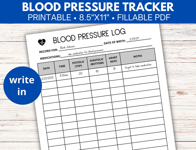 Blood Pressure Log Printable Fillable PDF Blood Pressure Tracker