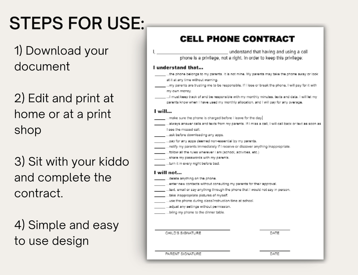 Editable Teen/kids Phone Contract, Cell Phone Contract Template, Cell