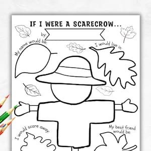 Könnte beinhalten: Schwarz-weiß druckbares Arbeitsblatt mit dem Titel "IF I WERE A SCARECROW..." mit Ausfüllaufforderungen. Enthält eine Vogelscheuchenillustration, Blätterkonturen und Platz zum Schreiben über den Namen, das Zuhause, die Freunde und was die Vogelscheuche verscheucht.