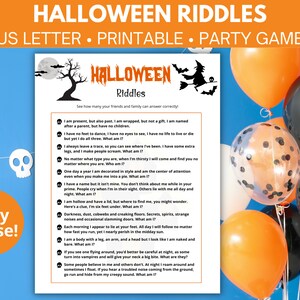 Halloween riddles printable party game, Halloween trivia game, Halloween party game, Halloween printables, Kids Halloween Printable PDF