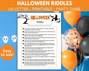 May include: A printable Halloween party game with riddles for kids. The game features a black and white illustration of a witch flying on a broomstick, a skull, and a tree. The text on the page reads "Halloween Riddles" and "See how many your friends and family can answer correctly!"