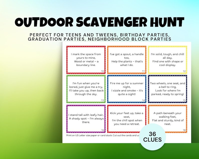 Outdoor Scavenger Hunt Clues for Kids, Printable Scavenger Hunt for ...