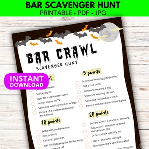 Halloween Bar Crawl Bingo printable, Halloween Party Scavenger Hunt, Photo scavenger hunt, Boochelorette, Ladies night games, Bachelorette
