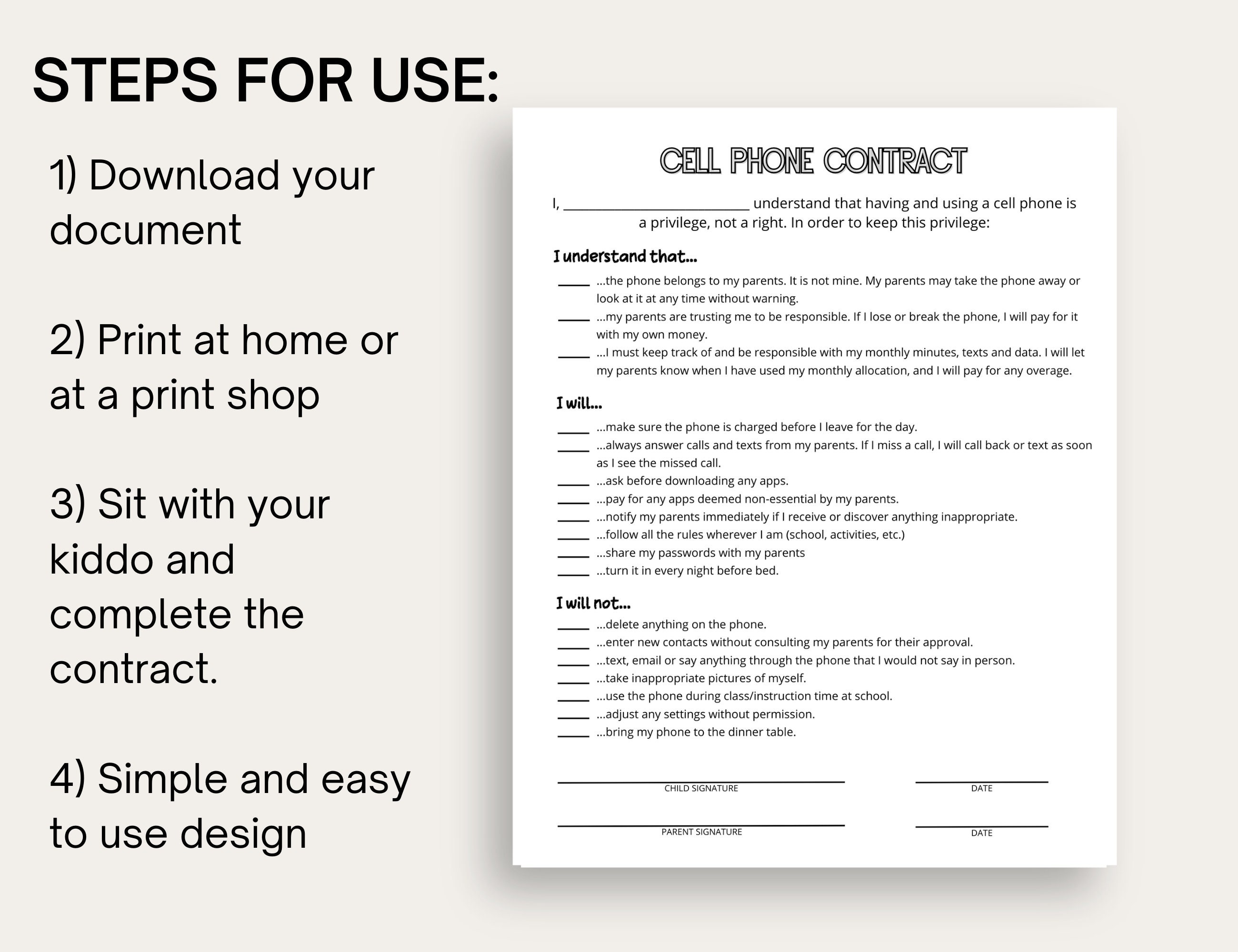 Phone Contract Printable, Kids Teens Cell Phone Contract PDF, Cell