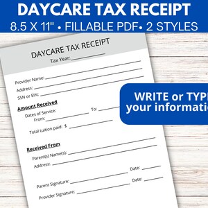 Daycare Childcare Tax Receipt form for Parents and Childcare Providers, Tax receipt form, Childcare tax receipt, Daycare tax form for parent
