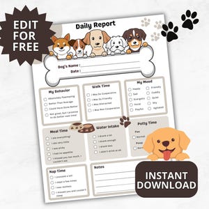 Bearbeitbare Hundetagespflege Berichtskartenvorlage, Pet Sitter Daily Log, Doggy Day Care Formen, Small Business Forms, Dog Boarding, Dog Walker