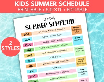 May include: Printable summer schedule for kids with a colorful design. The schedule includes daily activities from 8:00 am to 4:30 pm, with specific activities for each day of the week. The schedule is 8.5 inches by 11 inches and is editable.