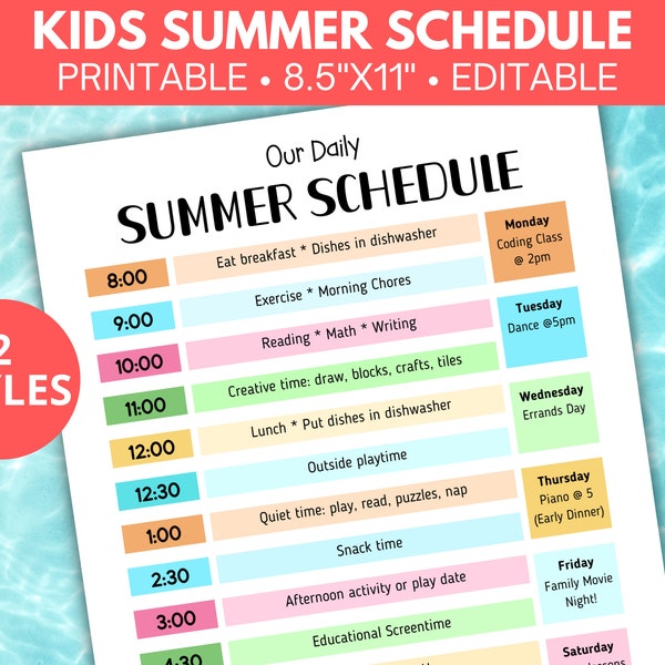 Plantilla de horario de verano para niños, Gráfico de rutinas para niños editable, Horario diario rellenable, Horario de educación en casa imprimible, Plan de verano semanal, PDF