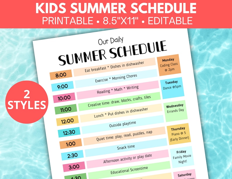 Pu&ograve; includere: Un programma estivo stampabile per bambini con un design colorato. Il programma include attivit&agrave; quotidiane dalle 8:00 alle 16:30, con attivit&agrave; specifiche per ogni giorno della settimana. Il programma &egrave; di 8,5 pollici per 11 pollici ed &egrave; modificabile.