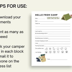 May include: A printable "Hello from Camp" letter template with a green tent and a signpost. The template includes space for the date, a greeting, and questions for a camper to answer about their time at camp.