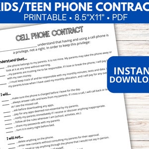 Phone contract printable, Kids Teens cell phone contract PDF, Cell phone agreement, Cell phone rules, First phone contract, Instant Download