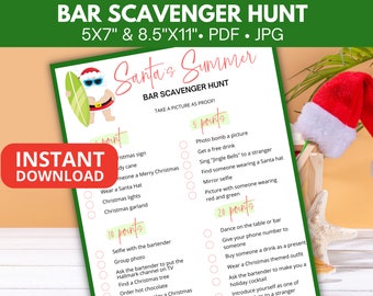 May include: A printable Santa's Summer Bar Scavenger Hunt game with a list of challenges to complete at a bar. The challenges are divided into three categories: 1 point, 5 points, and 20 points. The game includes a Santa Claus character wearing a surfboard and sunglasses.