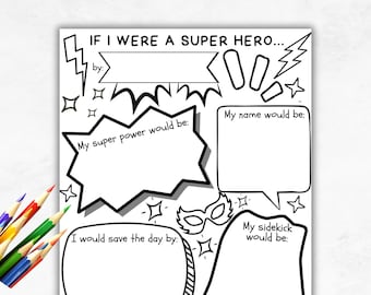 If I were a superhero printable, Superhero Party Activity, Classroom Worksheet, Superheroes Writing prompt, Kids coloring page, Drawing page