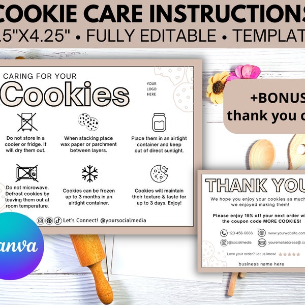 Editable cookie care card template with thank you card, Printable cookie care instructions, Custom bakery business card, Canva template