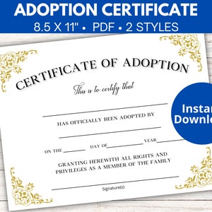 Editable Adoption Certificate Template, Fillable Adoption Certificate PDF, Certificate of adoption printable, Instant download