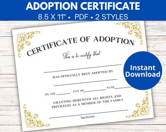 Bearbeitbare Adoptionsurkunde Vorlage, ausfüllbare Adoptionsurkunde PDF, Adoptionsurkunde zum Ausdrucken, Sofortiger Download