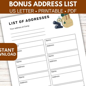 May include: Printable address list with a camping theme. The list has spaces for names and addresses. The image includes a compass, binoculars, and a backpack.
