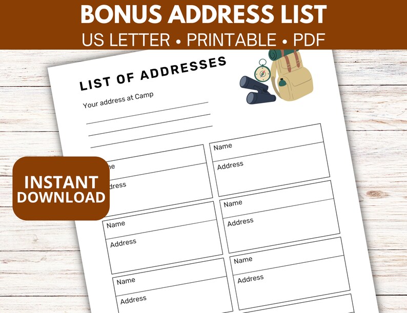 May include: Printable address list with a camping theme. The list has spaces for names and addresses. The image includes a compass, binoculars, and a backpack.