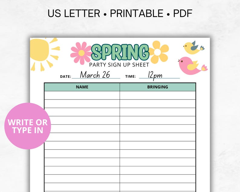 Spring Party Sign up Sheet, Potluck Sign Up, Printable Kids Snack Sign ...