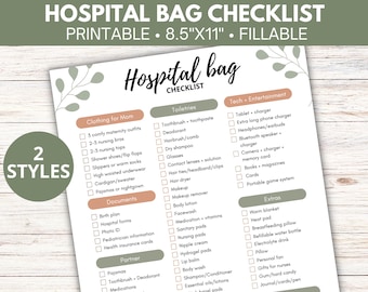 May include: Printable checklist for packing a hospital bag for a new parent. The checklist is divided into categories for clothing, toiletries, tech and entertainment, and extras. The checklist is 8.5 inches by 11 inches and is fillable.