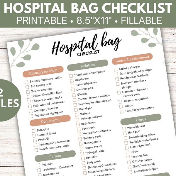 Hospital bag packing list printable, Editable neutral new baby checklist, Labor and delivery plan, Boho neutral baby birth bag packing list