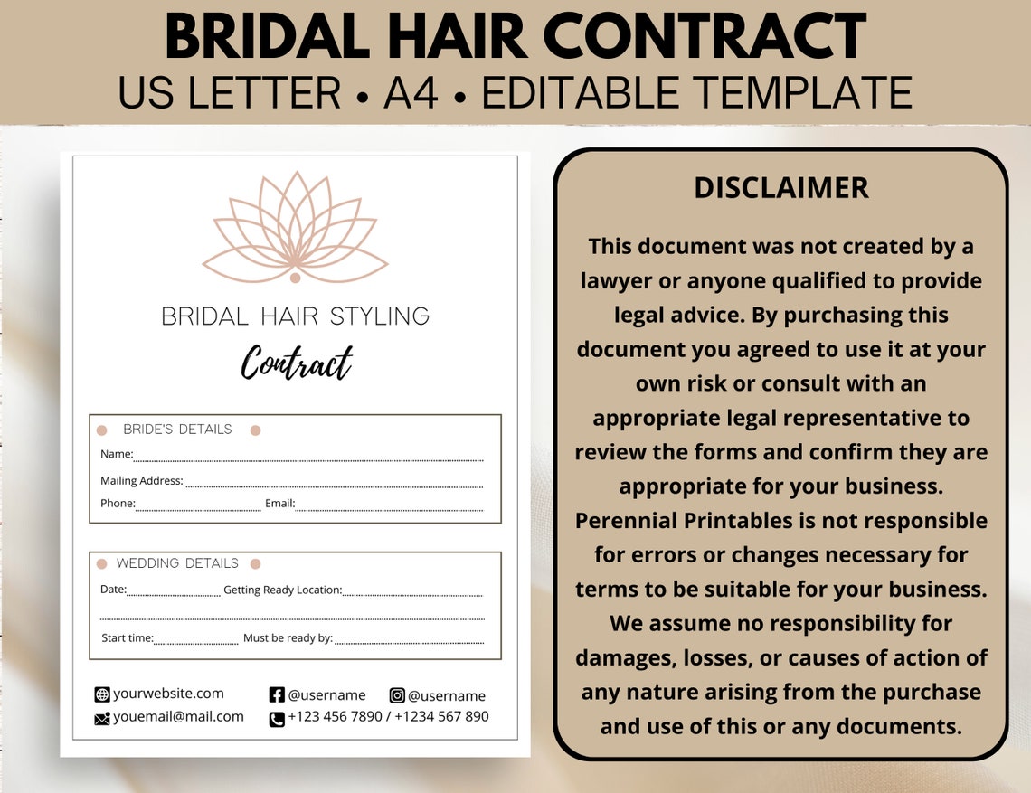 Bridal Hair Contract Template Bridal Party Hair Service Etsy