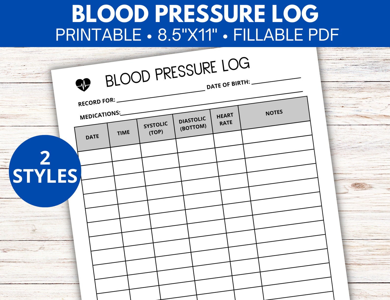 Blood Pressure Log Printable Fillable PDF, Blood Pressure Tracker