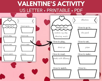 Things I love kids printable activity, Valentine's activity for kids, Valentine classroom activity, Favorite things worksheet, All about me