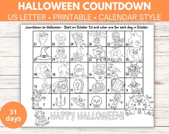 Halloweenkalender nedräkning utskrivbar, Halloween adventskalender, Halloween målarbok nedräkning, Halloween aktivitet