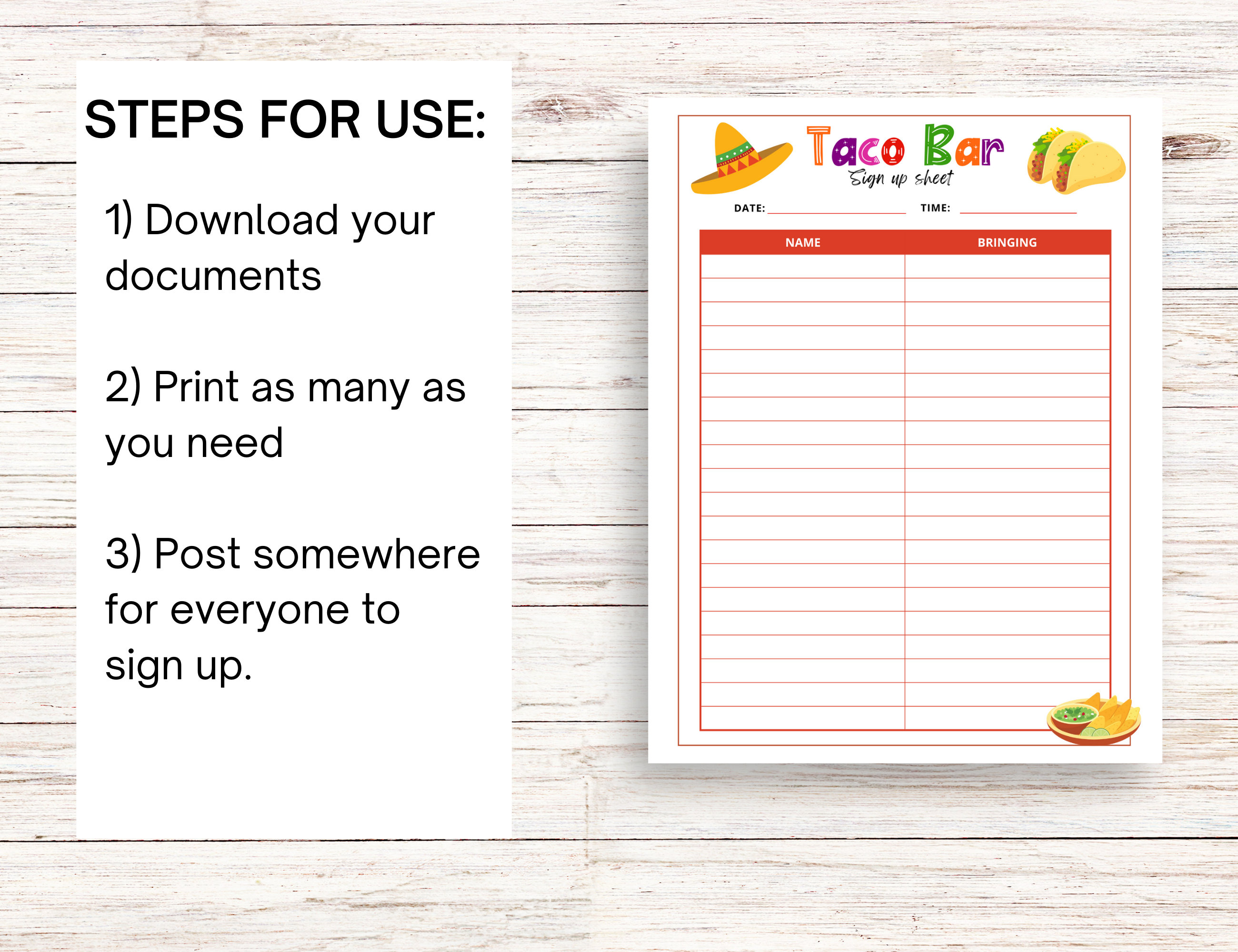 Sign up Sheet Template for Taco Bar, Printable Taco Party Sign Up ...