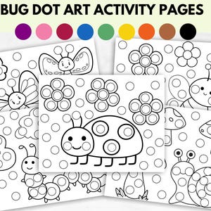 Peut inclure: Un ensemble de six pages d'activités d'art en points sur le thème des insectes à imprimer pour les enfants. Chaque page présente un insecte différent, notamment une coccinelle, un papillon, un escargot et un champignon. Les pages sont conçues pour être utilisées avec des marqueurs à points ou de la peinture.
